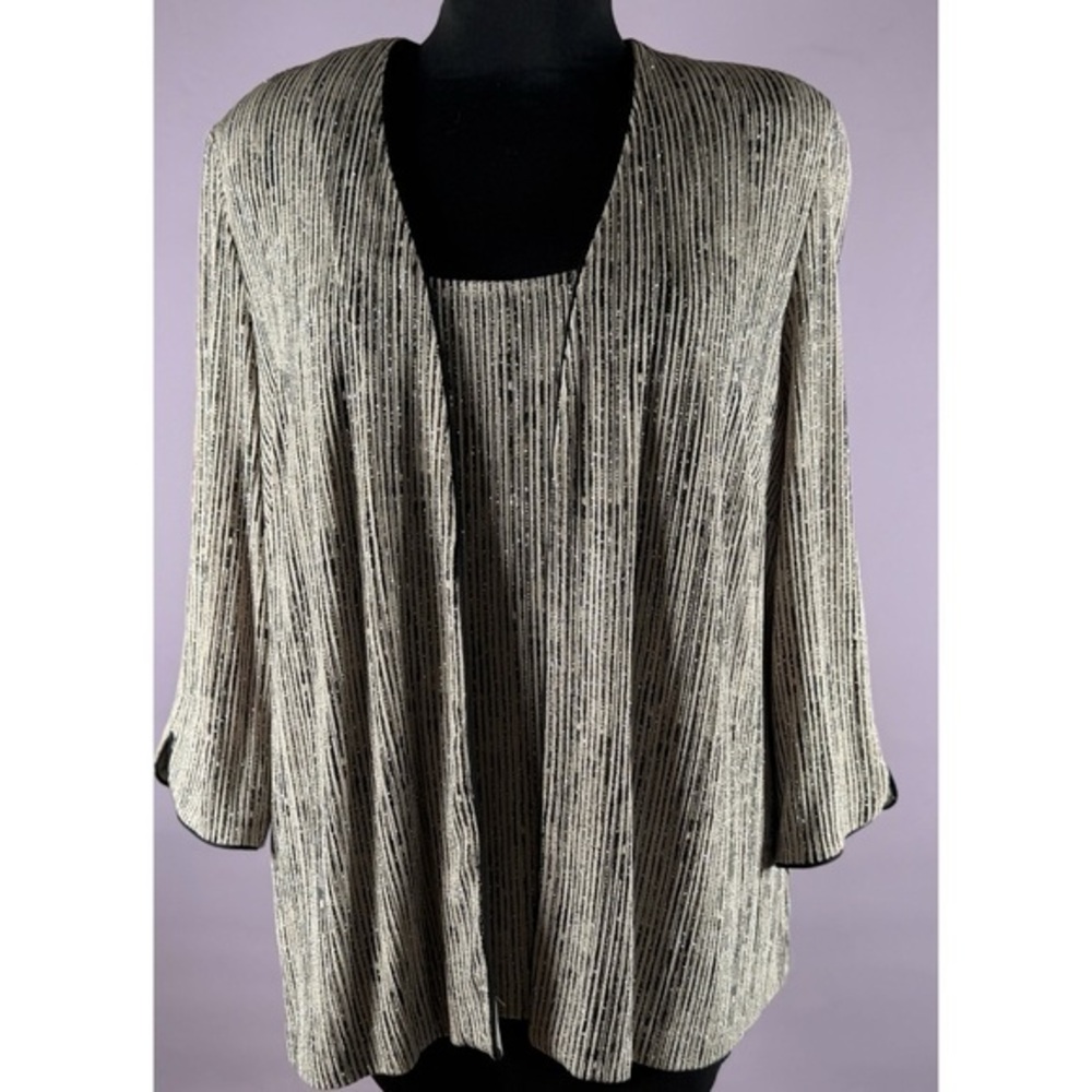 Vintage Alex Evenings Black and Cream Striped Embellished Top Cardigan Set